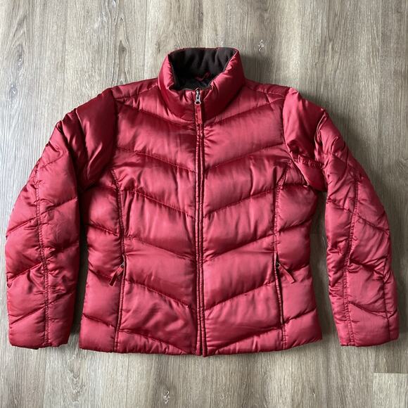 Eddie Bauer Jacket Sz M Red Quilted Goose Down Puffer Fleece Cuffs Short Shinny - Picture 1 of 16